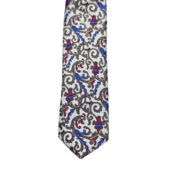 Christian Dior Tie Mens Silk White Blue Red Black Floral  Christian Dior Tie Mens Silk White Blue Red Black Floral Scroll Pattern Made USA